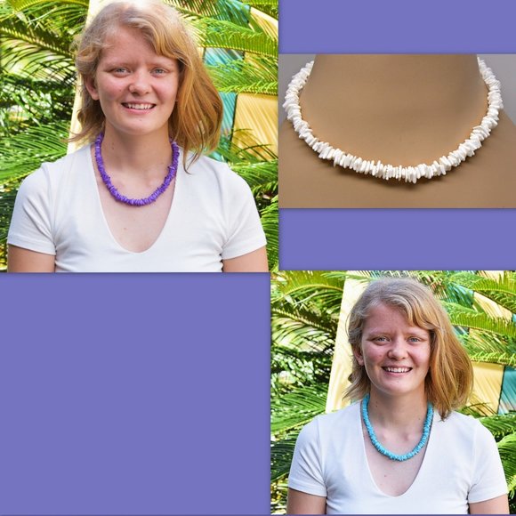 Puka Shell Necklace 18" Blue, Purple or White Square Cut Sea Shells 7065 - Picture 1 of 7